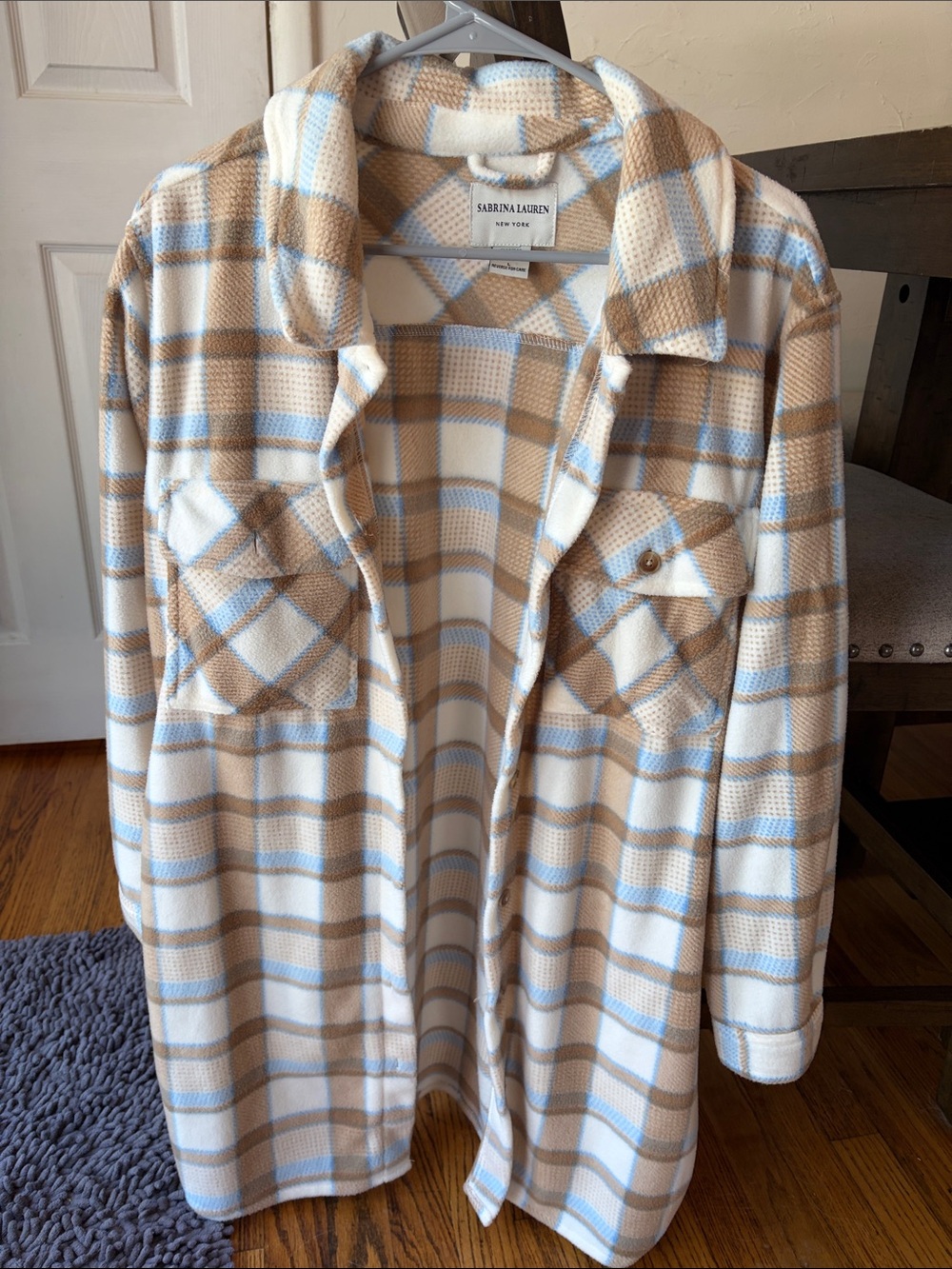 Sabrina Lauren Cream, Tan & Light Blue Plaid Utility Shacket so soft